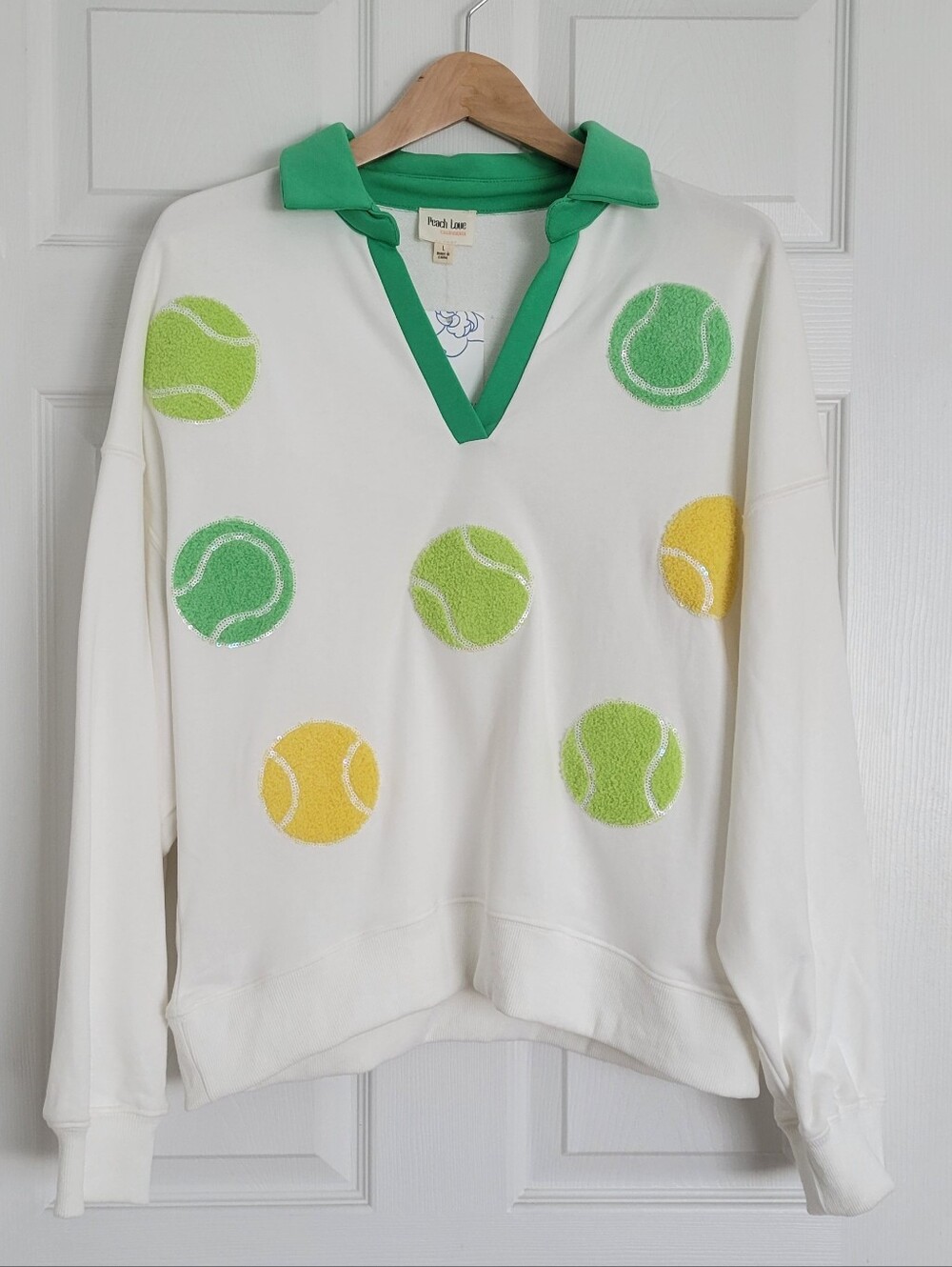 Peach Love White Pullover Polo Sweater with Green Collar & Tennis Ball Motif